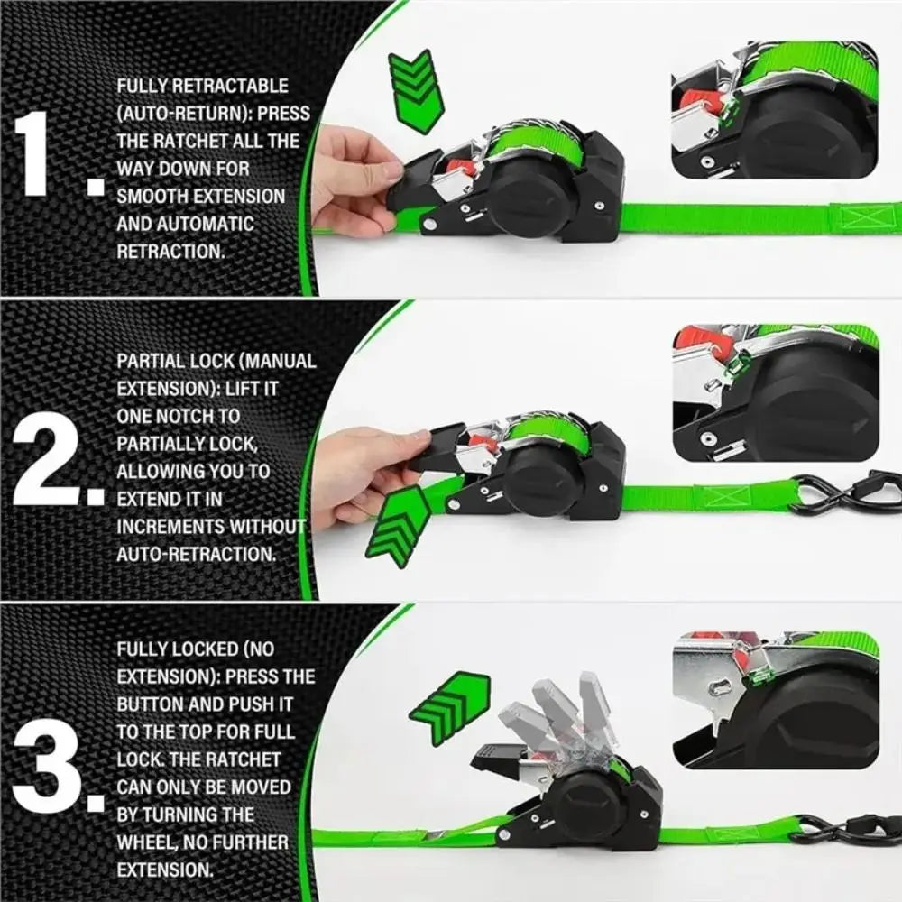 Sturdy Webbing Retractable Ratchet Tie Down Straps Solid Ratchet Structure Automatic Retraction Design Heavy Duty Cargo Straps