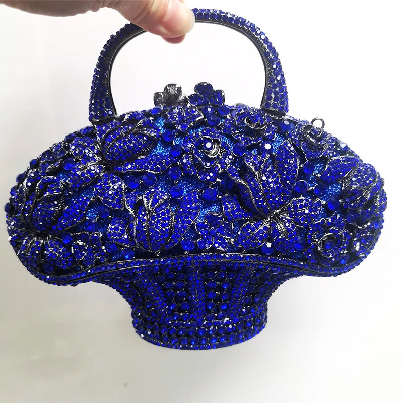 WHTUOHENG Women's Rhinestone Embellished Flower Leaves Basket Clutch Bag Luxury Diamond Evening Purse Crystal Bridal Handbag