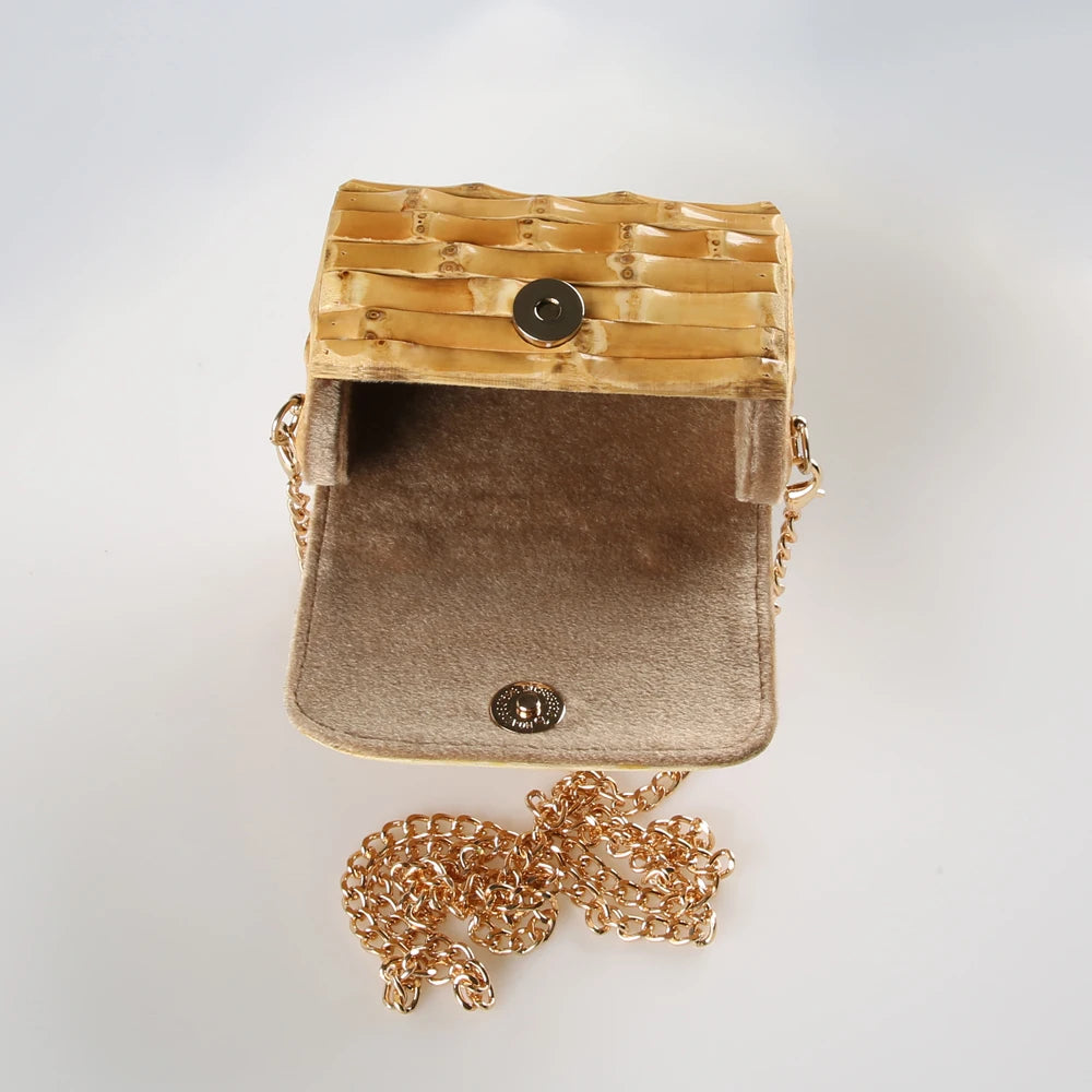 Long Chain Unique Handmade Natural Wood Rattan Straw Bamboo Root Handle Small Mini Cross Body Messenger Shoulder Bag Handbag
