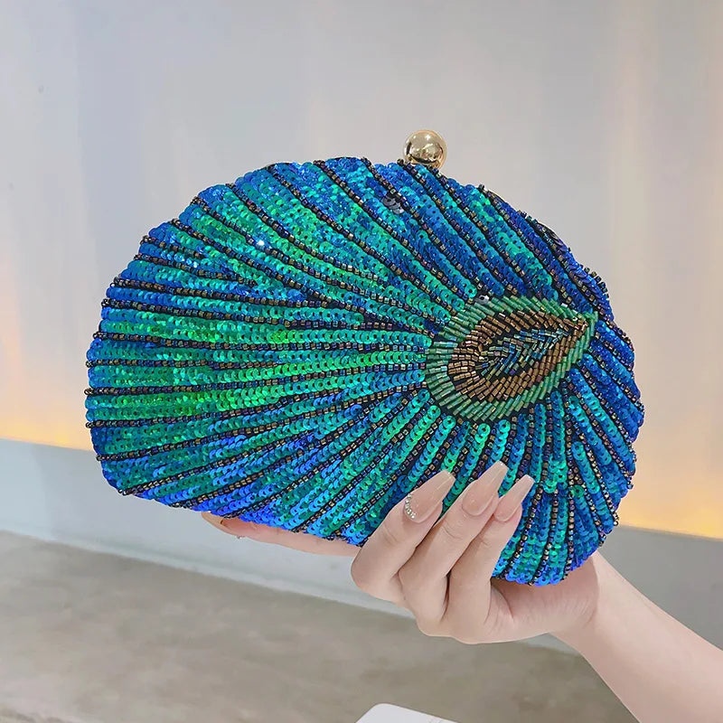 Retro Beaded Sequin Half Moon Evening Bag Women Fan Shaped Clutch Wedding Purse Boutique Party Crossbody Shoulder Handbag Bolsa