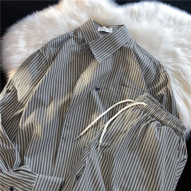 Summer Street Style Men's Striped Loose Long Sleeve Shirt And Shorts Set High Waist Design Trendy Cotton Polyester Blend Casu...