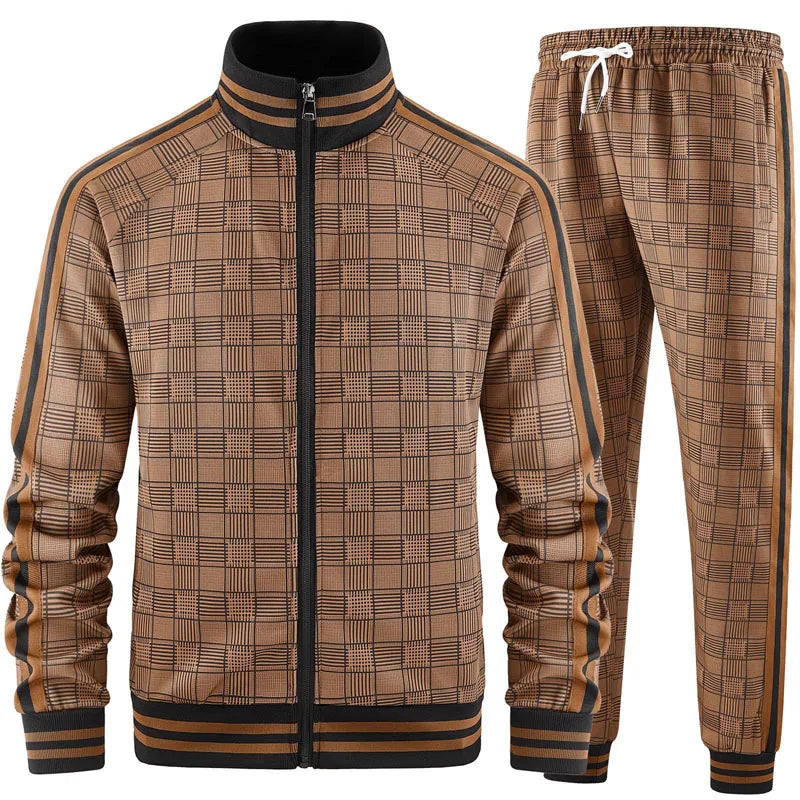 New Spring Autumn Plaid Printed Mens Zipper Jacket Sports Wear Sweatshirt Casual Outdoor Sports Checks Tracksuit Coat+Pant Set