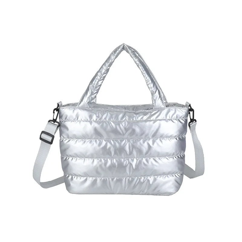 Puffer Quilted Tote Crossbody Bag Adjustable Wide Shoulder Strap Large Capacity Satin Down Handbag for Women Daily Use Commute