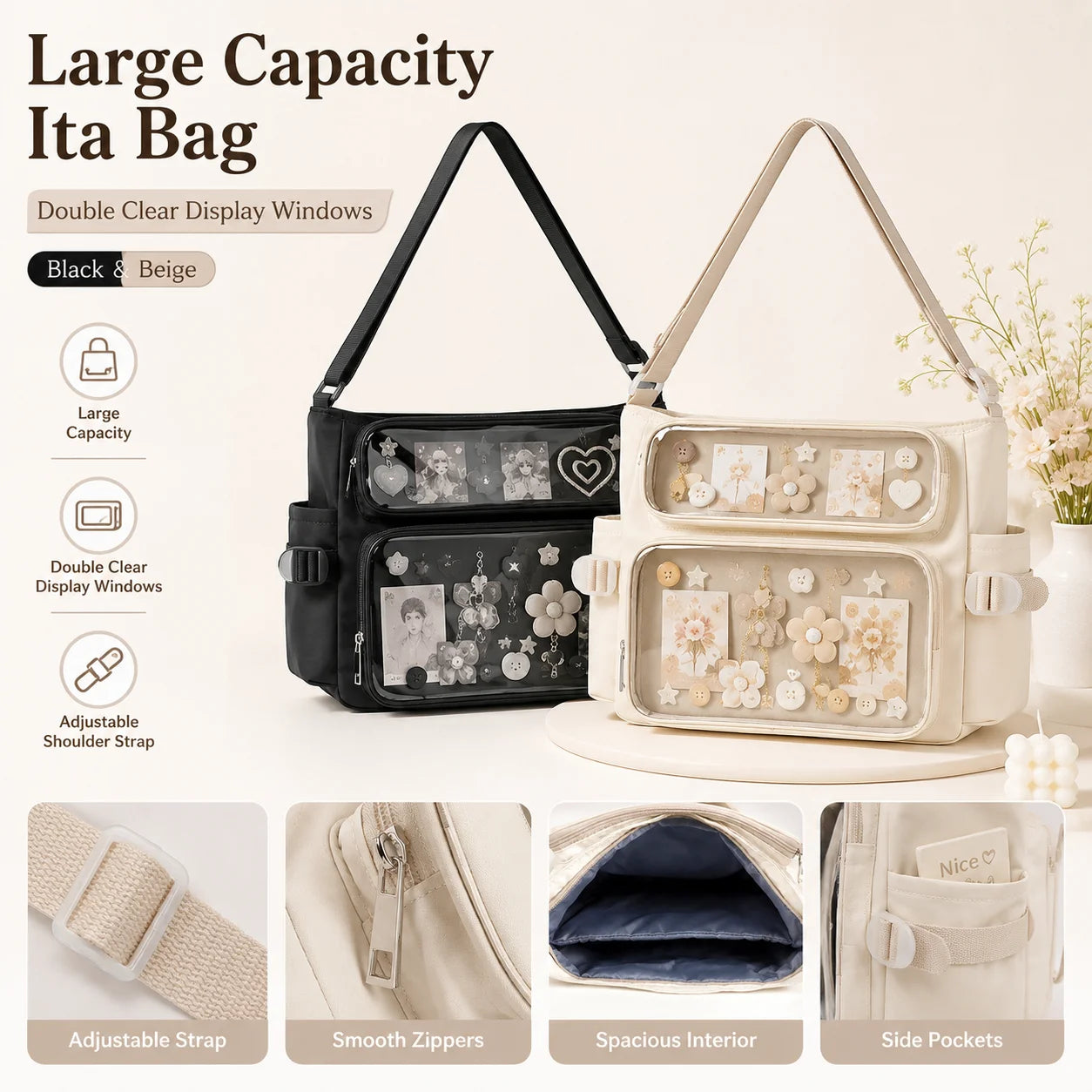 Kawaii Ita Bag Double Transparent Display Nylon Large Capacity Shoulder Crossbody School Tote Bag for Teenage Girls JK Style