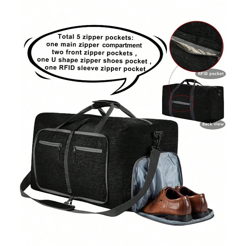Fmeida 65L Duffle Bag with Shoes Compartment, Foldable Travel Duffel Bags for Men Women, Large Packable Travel Bag Water Repellent & Tear Resistant