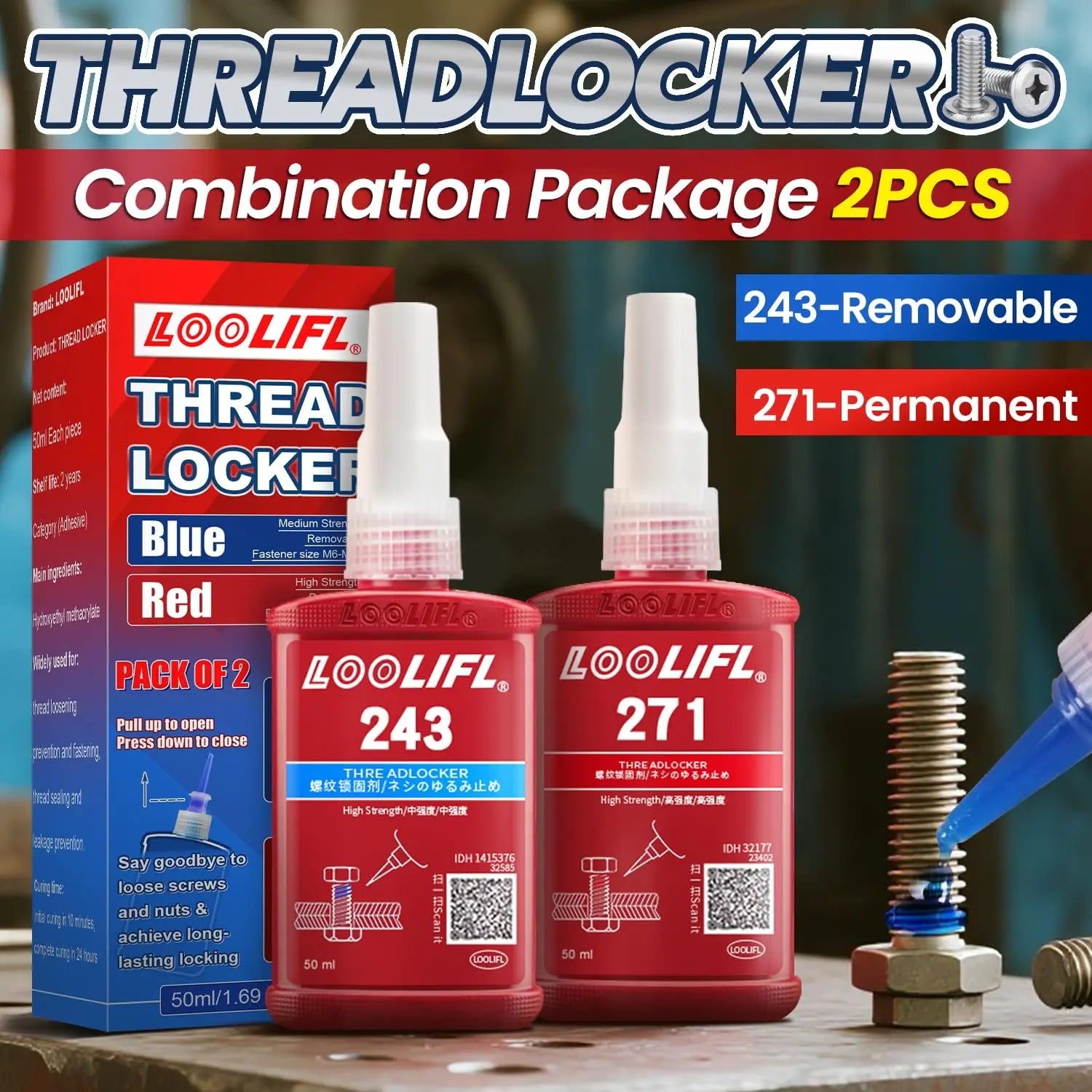 Blue & Red Thread Locker, Medium High Strength Thread Sealant for Nuts Bolts Fasteners Metal Threads, Anti-Loosening Anti-Leak Anaerobic Thread Lock Compound, 50ml×4 Pack Thread Lock Adhesive Glue