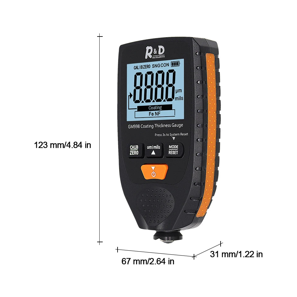 R&D GM998 car paint coating thickness gauge car paint electroplate metal coating thickness tester meter 0-1500um Fe & NFe probe