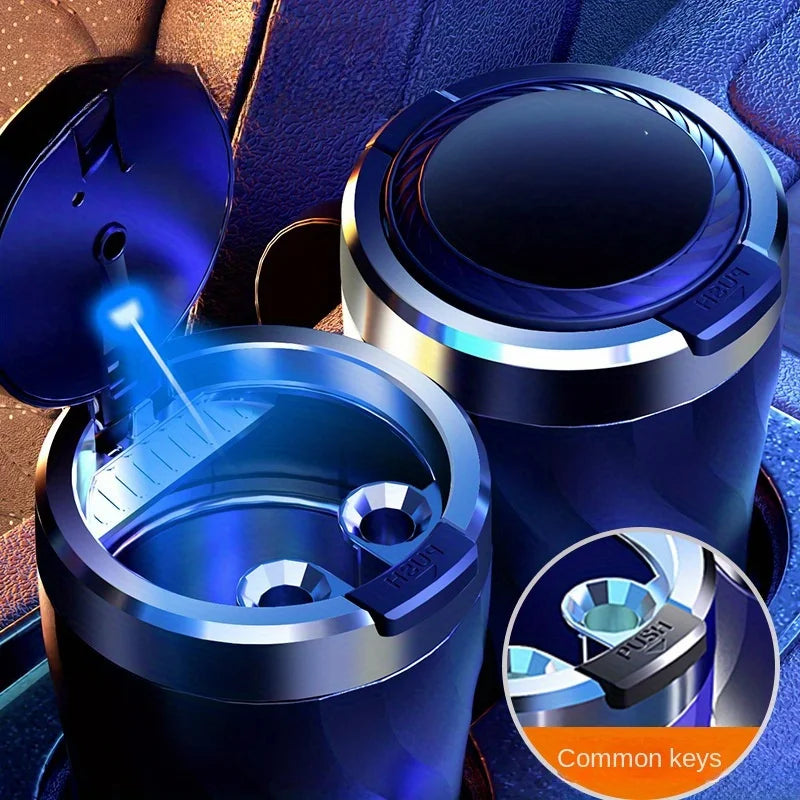1 car ashtray set, interior use, one click lid opening, large capacity, equipped with LED lights and metal lining.