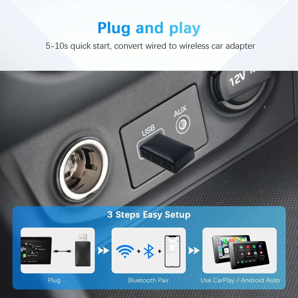 2026 Wireless CarPlay Android Auto 2-in-1 Adapter for Factory Wired Car Plug&Play 5.8Ghz WiFi USB Converter Box with OTA Update