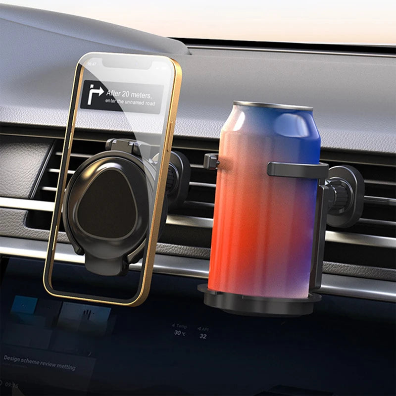 SEAMETAL Car Cup Holder Air Outlet Vent Magnetic Phone Mount 2 in 1 Foldable Drink Rack Phone Holder Water Bottles Stable Stand