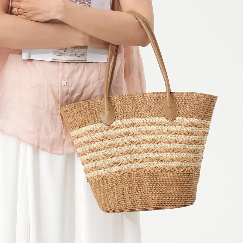Striped Woven Straw Beach Tote Bag Large Capacity Nail Detail Shoulder Bag for Women Seaside Vacation Vegetable Basket