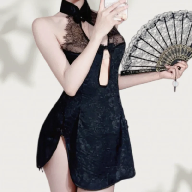 Off-shoulder Backless Temptation Retro Lace Cheongsam Nightgown High Neck Printed Uniform Tempting Side Slit Sexy Lingerie Women