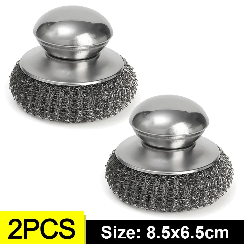 6-1Pcs Kitchen Stainless Steel Washing Brush Metal Sponge Scrubber With Handle For Dishes Pots Pans Grills Sink Cleaning Tools