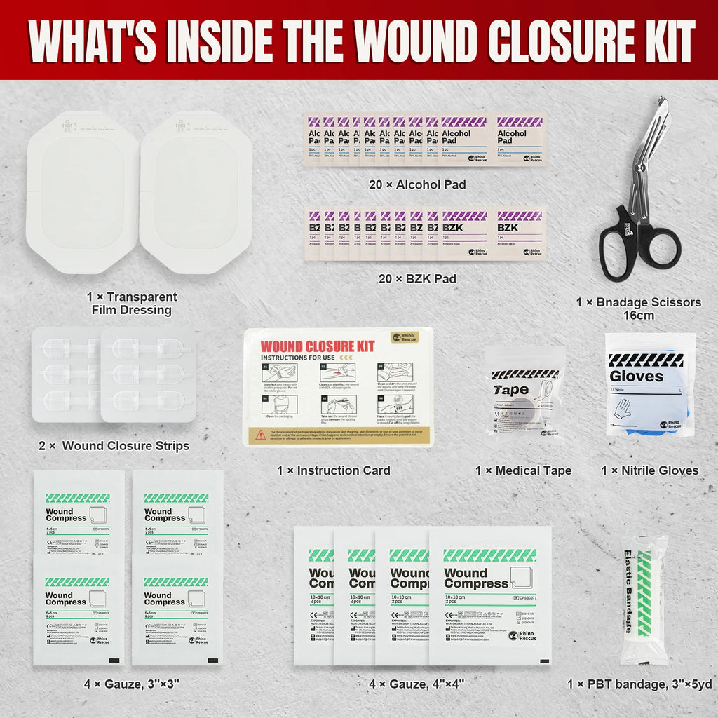 RHINO RECUE Emergency Wound Closure Strip Kit Surgical Quality Laceration Repair Without Stitches Gauze, Bandage Antiseptic Wipe