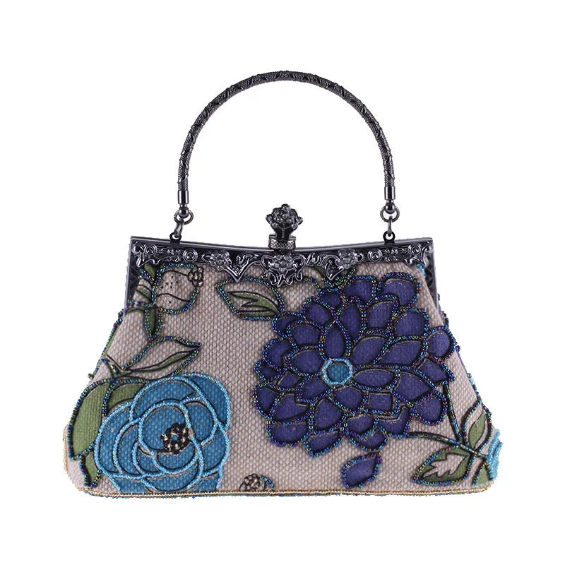 Boutique  Chinese Style Embroidery Floral Women Beaded Evening Purse Bridal Flower Clutch Bag Wedding Party Frame Handbag