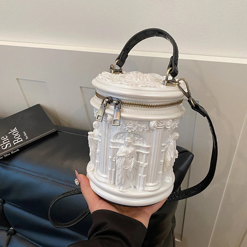 Baroque Style 3d Embossed Bucket Bag Creative Sculptural Cylinder Handbag Unique Retro Artistic Design Crossbody Purse For Women