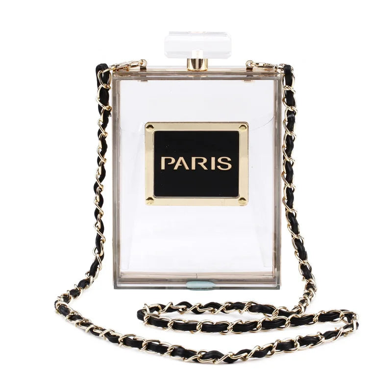 Transparent Perfume Bottle Bag Dinner Party Clutch Bag Leather Chain Crossbody Acrylic Small Square Female Bags Luxury Handbags