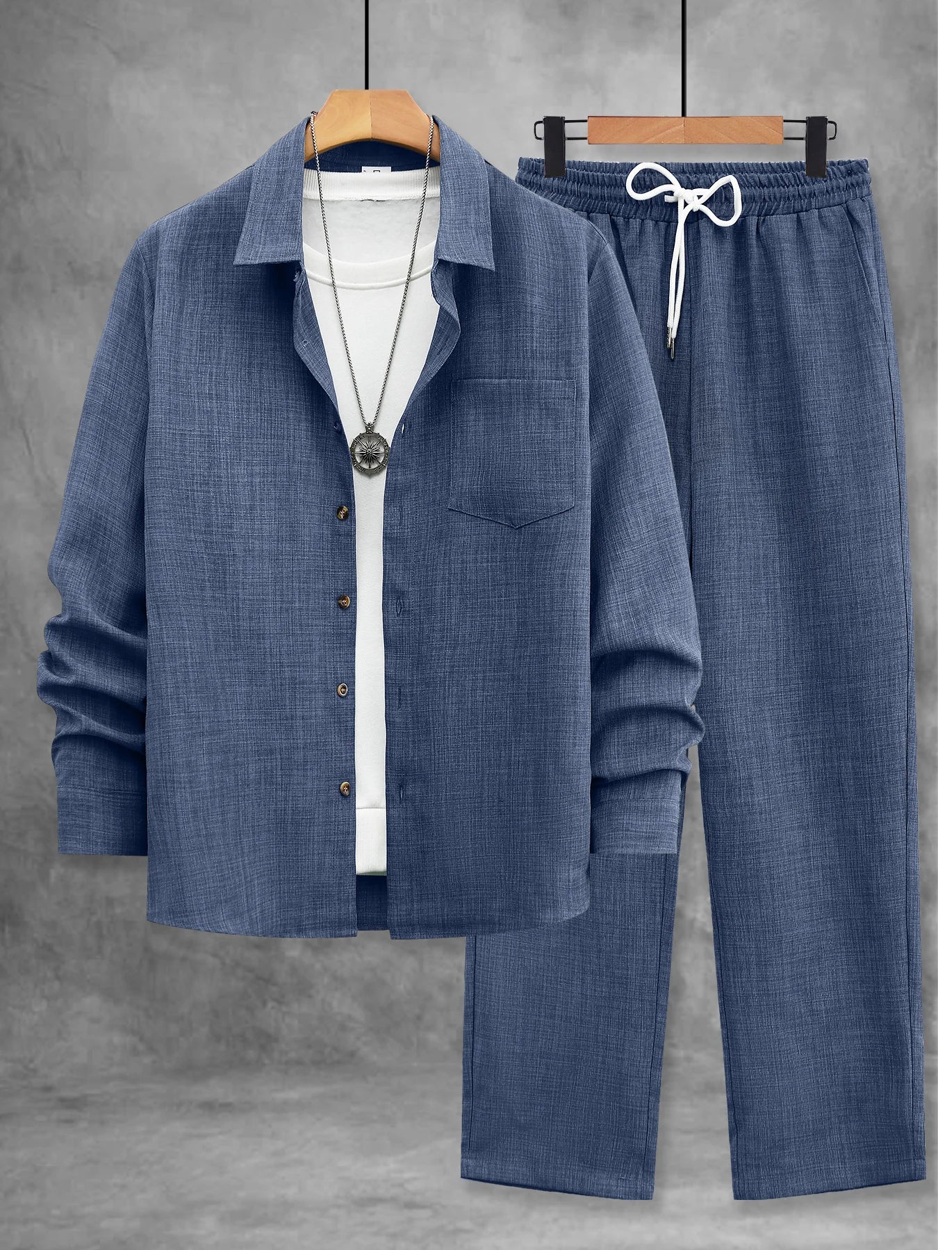 Men's Spring and Autumn Thin Cotton-Linen Two-Piece Set, Army Green Collared Long-Sleeve Shirt and Straight-Leg Pants, Vintage Wooden Button Loose Comfortable Casual Men's Outfit Set