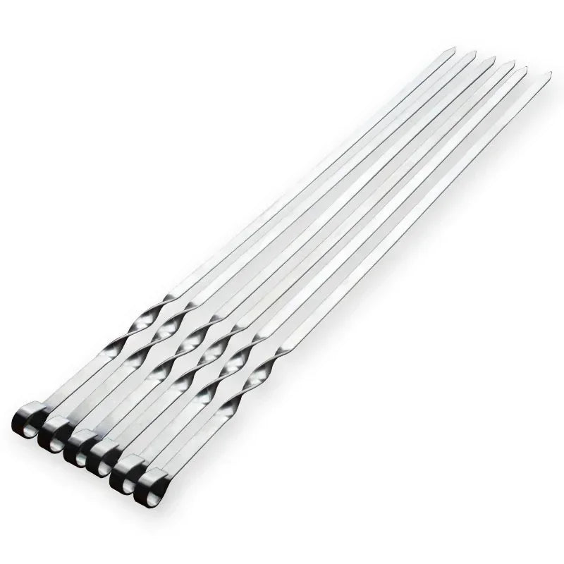 6pcs BBQ Skewer Stainless Steel Barbecue Needle Fork With Long Flat Wood Handle For Outdoor Meat Grill Barbecue Tools Organizer