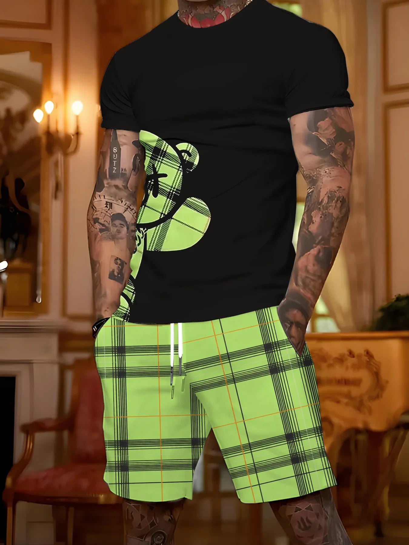 2026 Summer New Men's Short-Sleeved Shorts Set for Street Casual Fashion Comfortable Soft Breathable with 3D Bear Pattern Print
