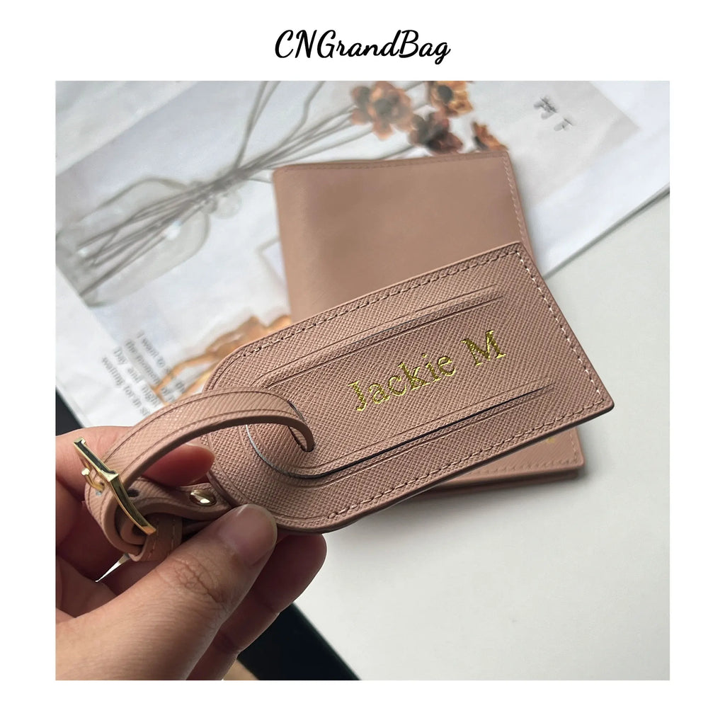 Free Custom Name Travel Passport Holder Luggage Tag Set Saffiano Leather Personalize Letters Gift Passport Cover Suitcase Label
