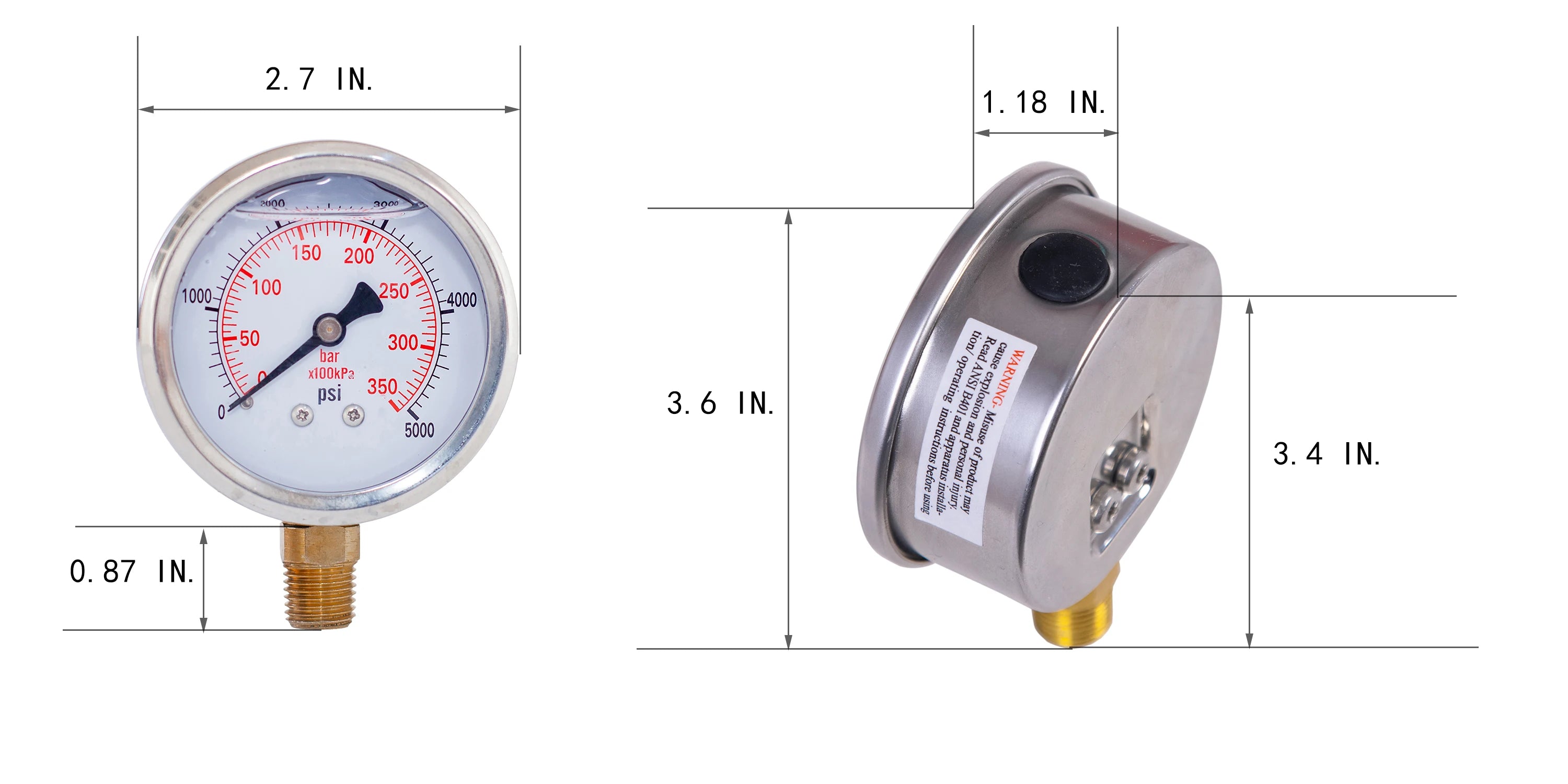 JIVTO Glycerine Filled Pressure Gauge 2.5" 1/4 NPT Lower Mount 30, 60,100,160, 200, 300, 400,600,2000,3000,5000,10000 Psi & Bar