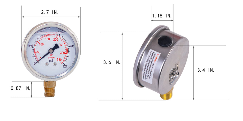 JIVTO 2.5 Inch Glycerin Filled Pressure Gauge - 1/4" NPT Lower Mount, 30-10000 PSI/Bar, Hydraulic Oil Air Water