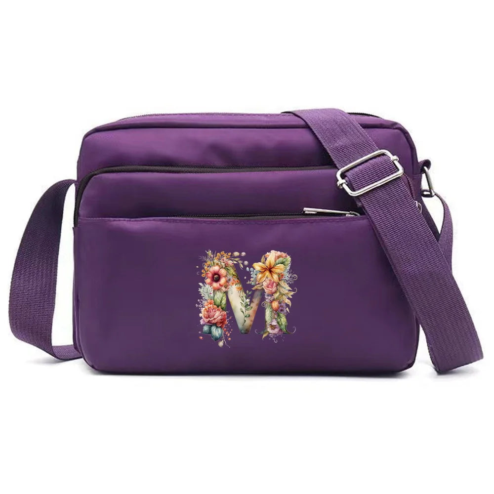 Leisure Purple One Shoulder Crossbody Bag Portable Commuting Large Capacity Floral Letter Series Printing Pattern Storage Bag