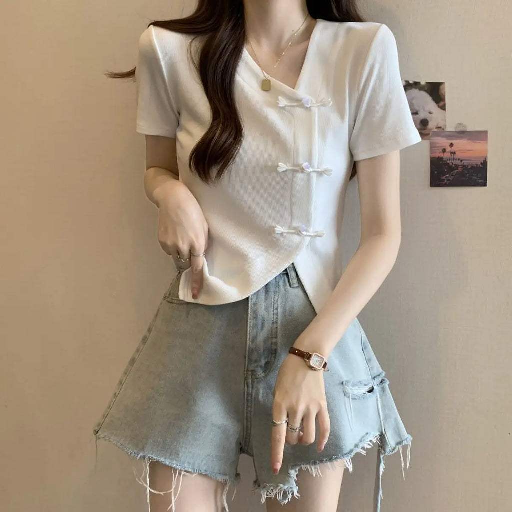 Summer Large-size Women's Clothing New Solid-color Chinese Style Irregular Buckle Slim-fitting V-neck Short-sleeved T-shirt