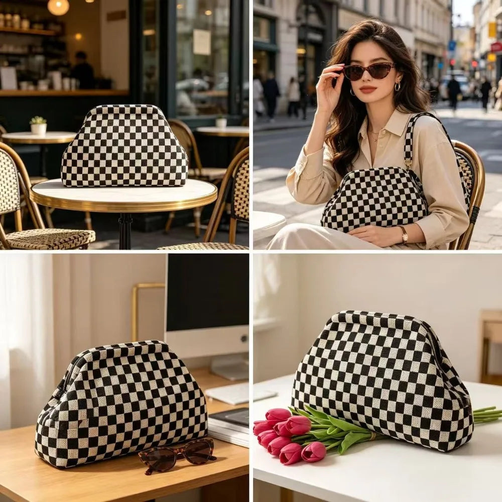 Retro checkerboard knit large-capacity multi-functional storage clutch bag