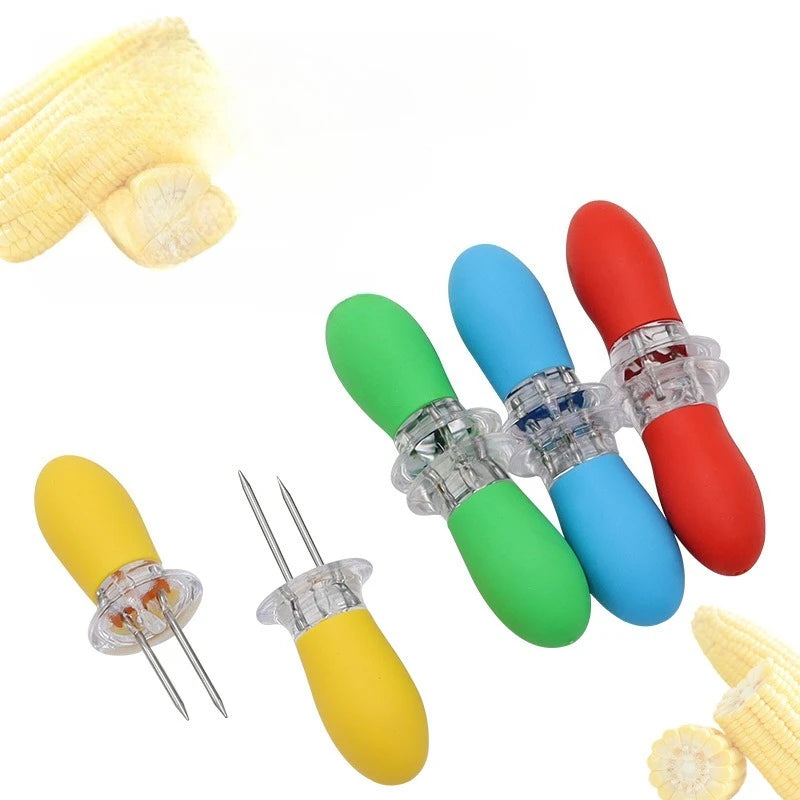 8Pcs Stainless Steel Corn Forks Holder BBQ Prongs Skewers Fork Hot Dog Fruits Corn On The Cob Fork Kitchen Gadget BBQ Tools