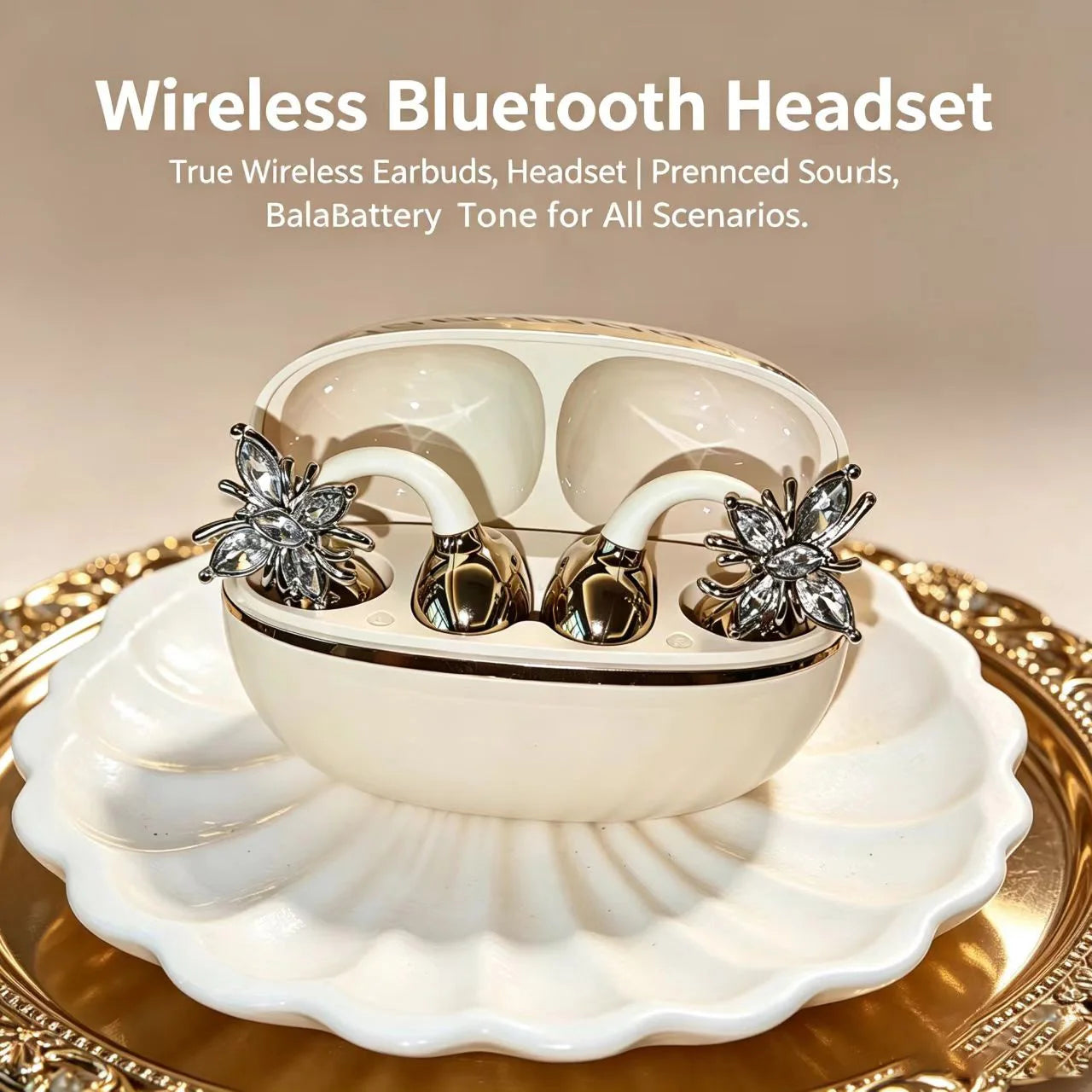 Universal Open Hook Bluetooth Headphones HD Noise Reduction Call Wireless Earphones , Come with Extra Crystal Diamond Butterfly