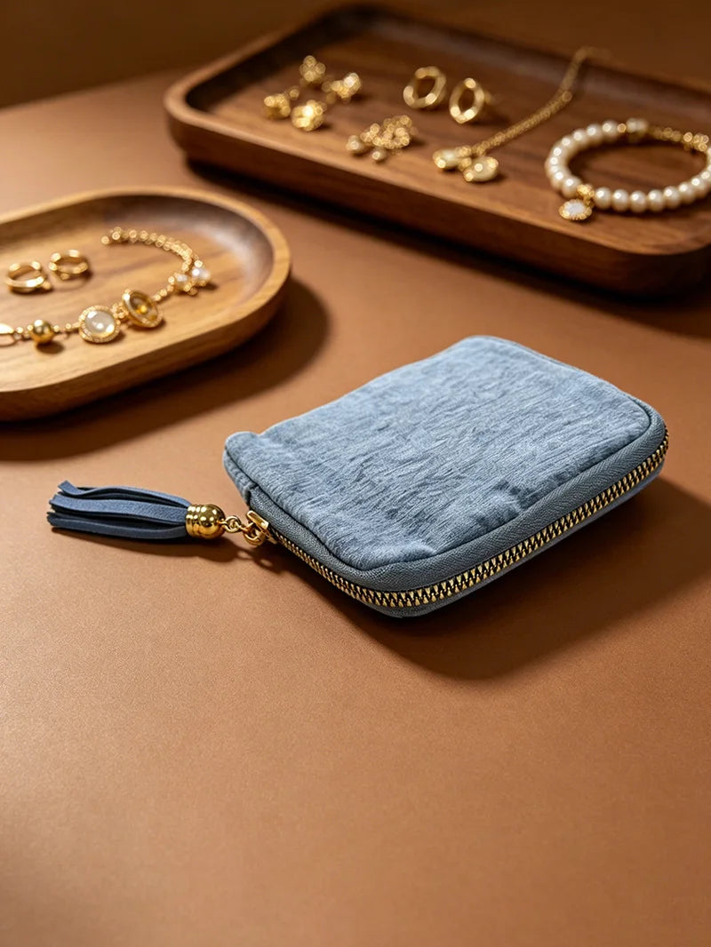 BUYLEMO Retro Velvet Tassel Jewelry Organizer, Portable Zippered Earring & Ring Storage Pouch