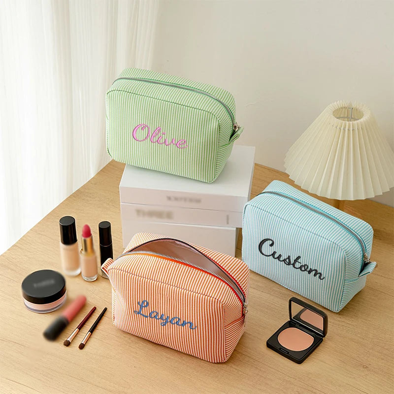 Customised Embroidery/Standard Style 2 Options, High-Look Striped Clutch, Large Capacity Makeup Bag, Back-to-School Season! Gift