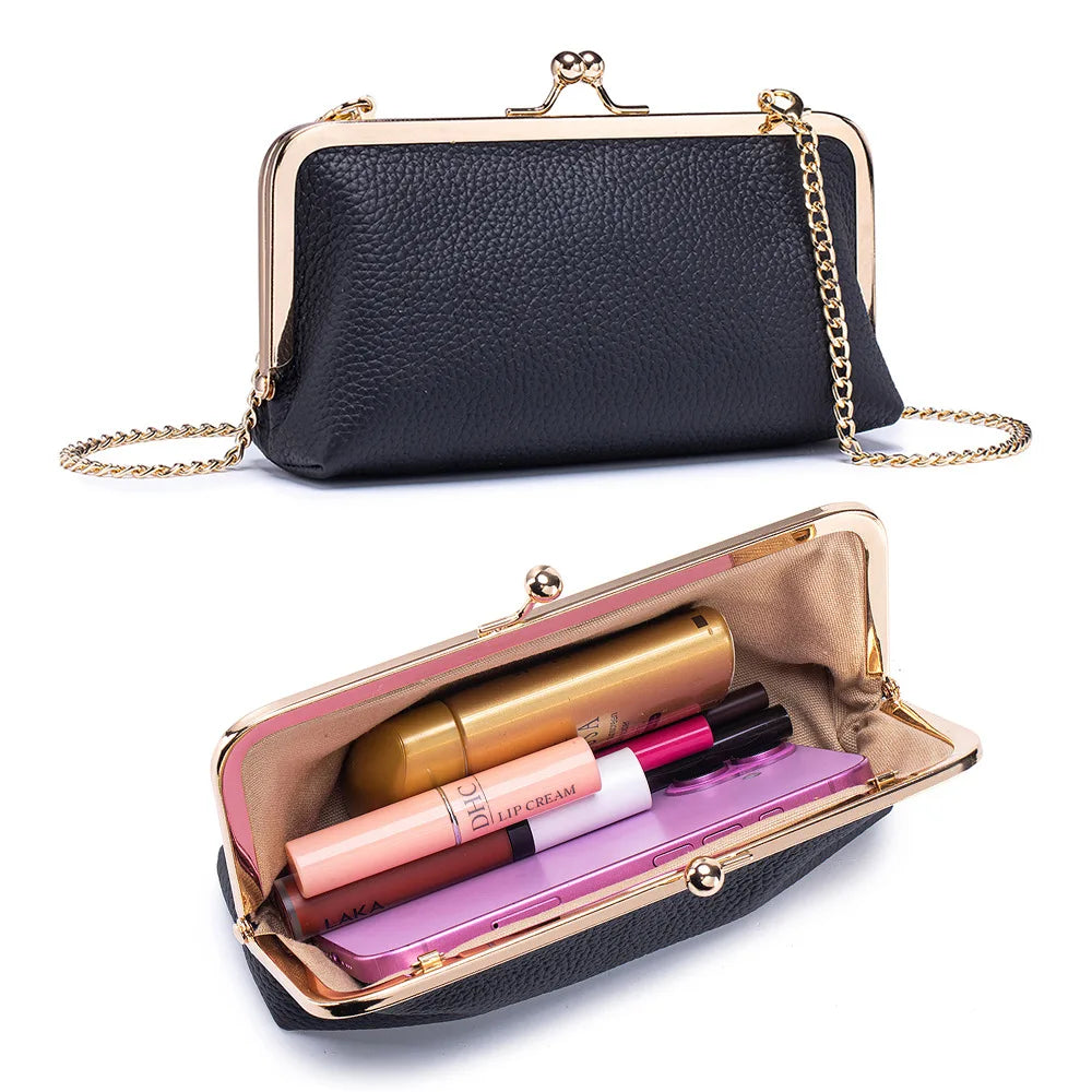Women's Kiss Lock Clutch Bag, Top Grain Genuine Leather Wallet Large Capacity Travel Clutches with Detachable Chain Strap