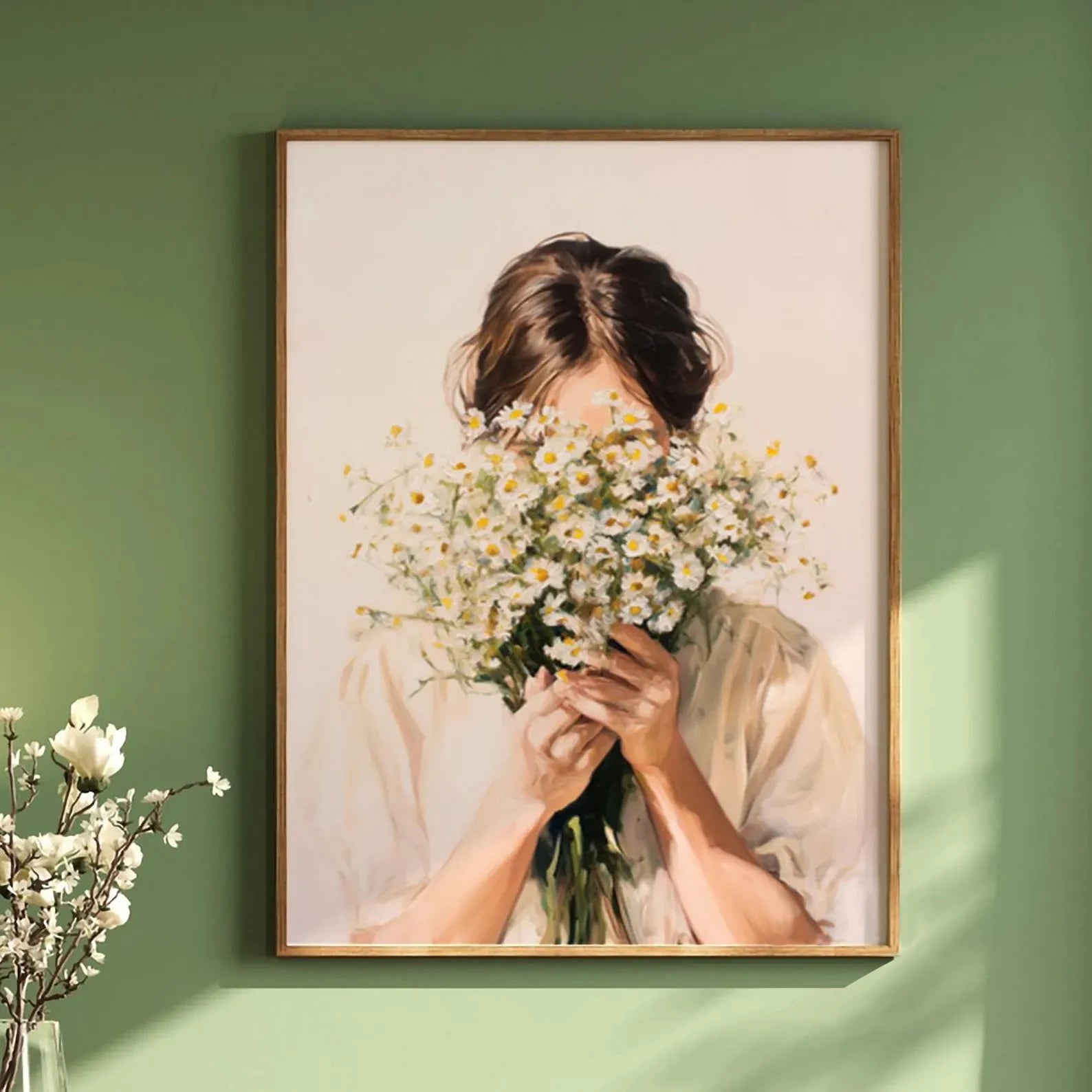 Green Abstract Figures Canvas Print with Flower Woman Minimalist Japandi Female Portrait Art Poster for Modern Living Room Decor
