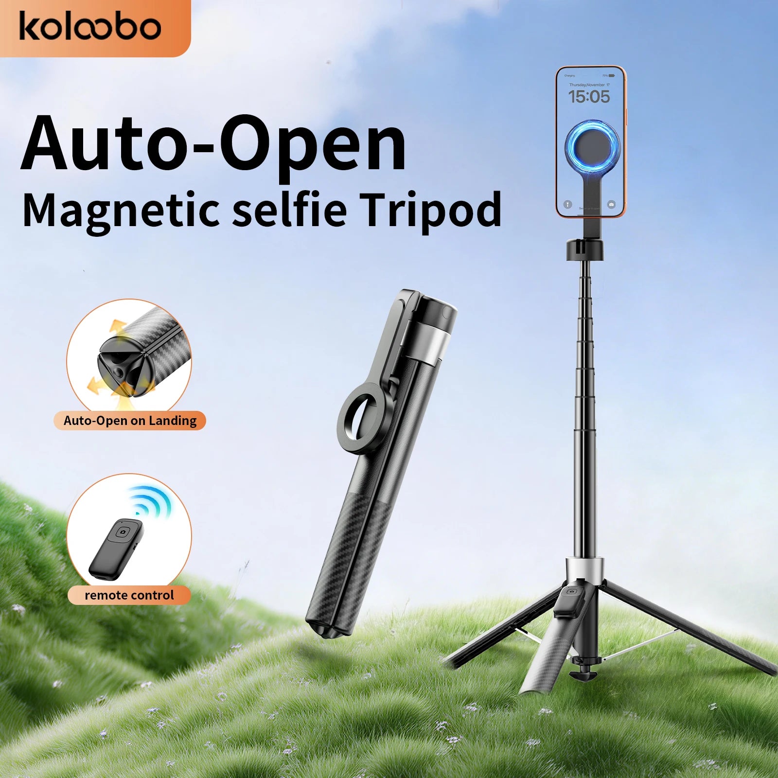1.8m Extendable Double-sided Magnetic Phone Selfie Stick with Remote Auto-Open Tripod for iPhone 17/16/15 Live Streaming Vlog