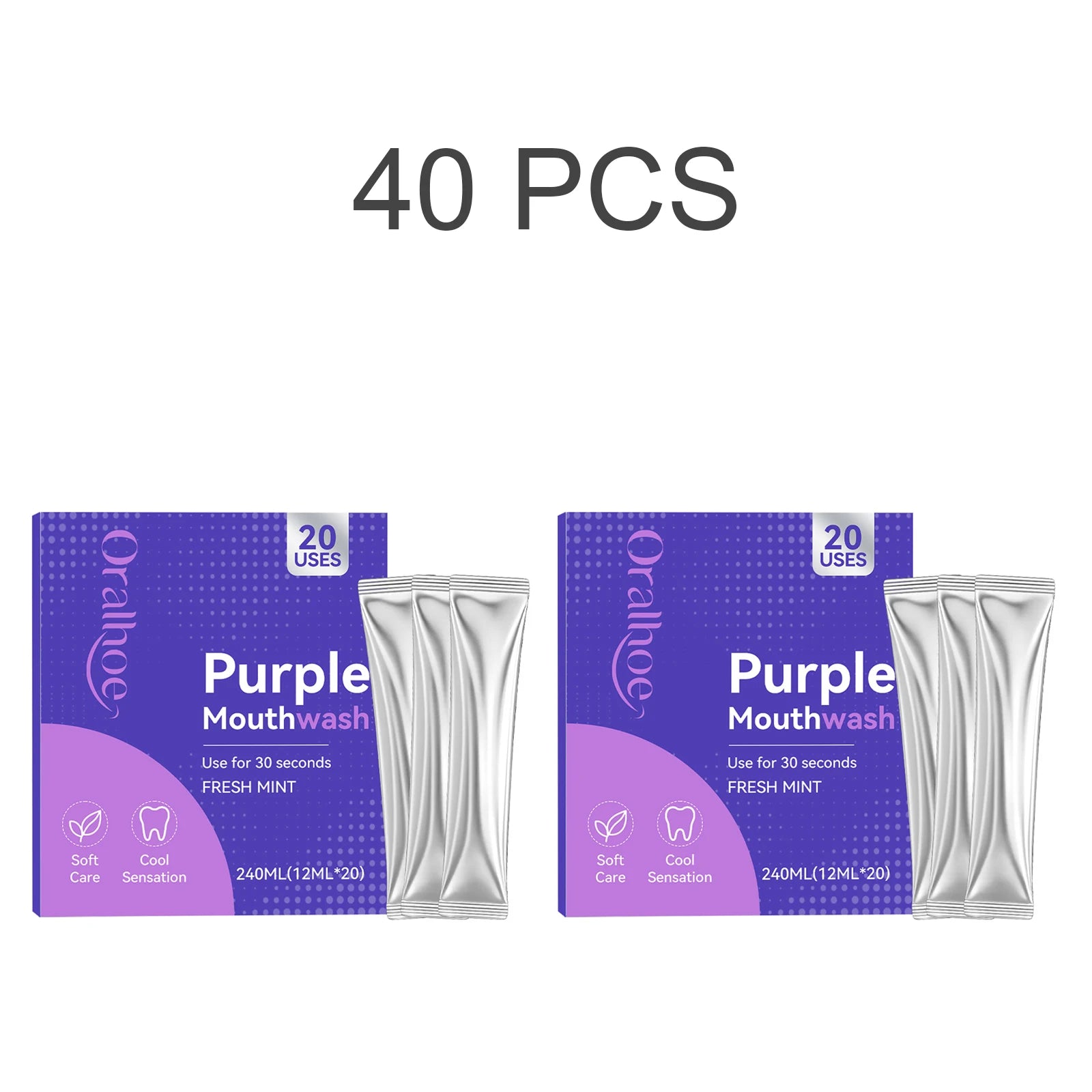 Purple Mouthwash Fresh Mint Flavor Gentle Formula Daily Oral Care Portable 20 Sachets Travel Size No Alcohol Quick Rinse 240ml