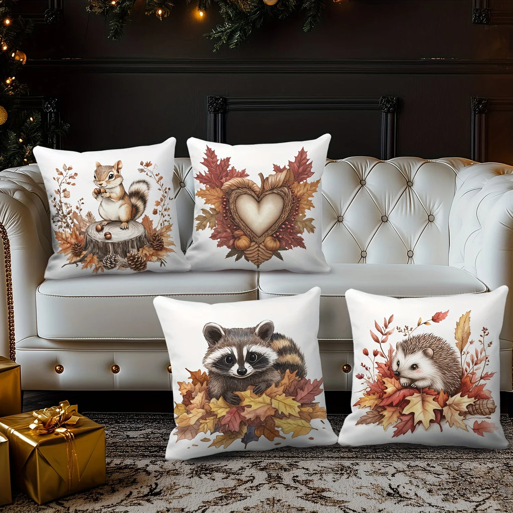 4pcs Pillow Covers, Featuring Squirrel, Hedgehog, Raccoon and Autumn Decor, Polyester Blend, Rustic Style for Home and Outdoor