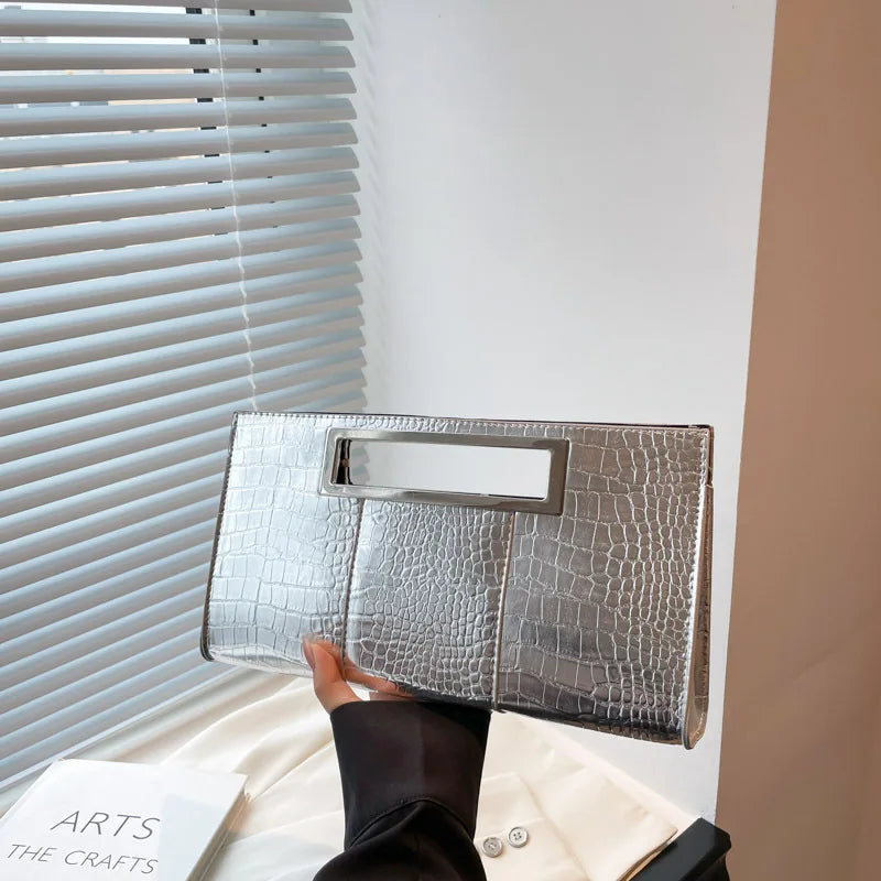 Fashion Crocodile Emboss PU Leather Clutch for Women Black Evening Bags Metal Grip Handle Tote Handbag Envelope Party Dinner Bag