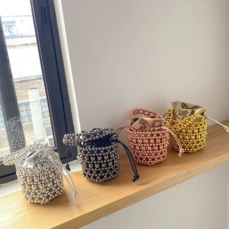 Tote Bag Trending Black Pearl Bucket Stone Purse Woman's Wedding Evening Handbag Purse