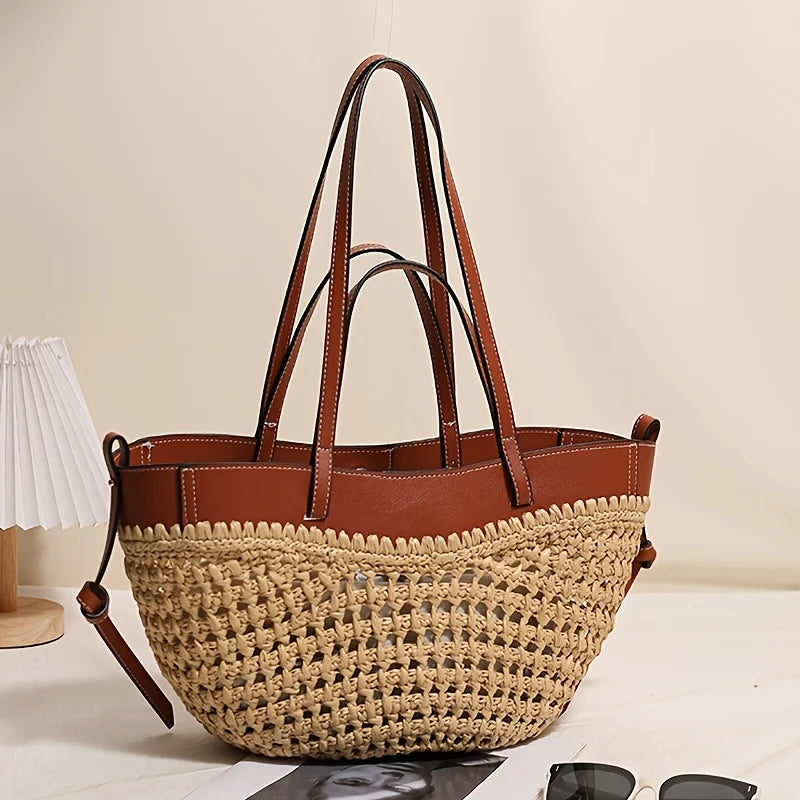 Large Capacity European and American Woven Shoulder Bag, New Basket Hand Tote, Fashion Woven Bag for Beach Vacation
