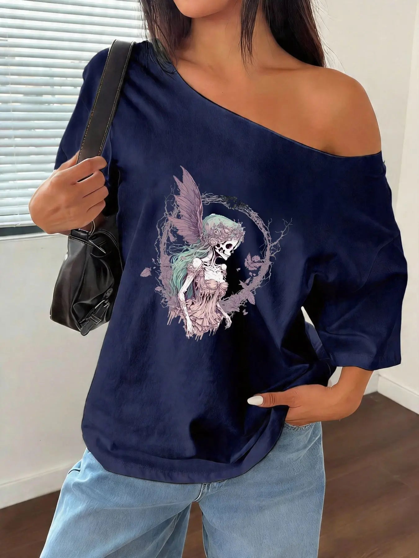 100% Cotton Plus Size Fairy Skeleton Floral Shoulder Loose Print T-Shirt Oversized Y2K Style Graphic Tees Women Tops Summer O