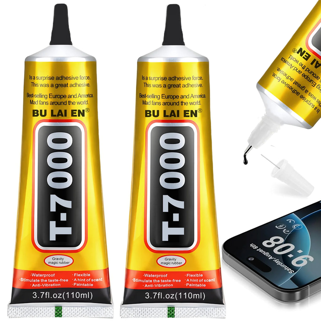 Black T-7000 glue, a semi-fluid black adhesive for precision repairs of crafts, electronics, phone screen replacements, do-it-yourself or DIY jewel making, and glass, wood, metal, and stones.
