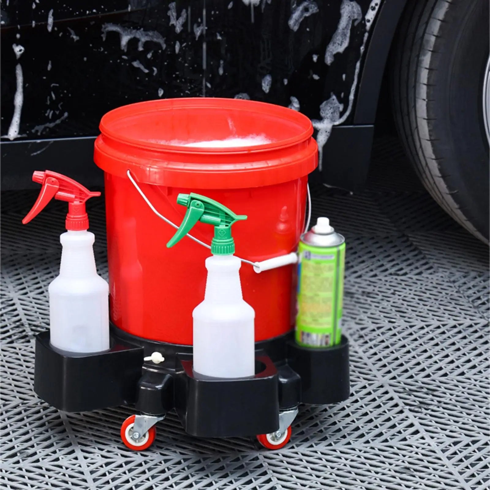 Rolling Base Bucket Trolly Durable PP Five Wheel Car Wash Dolly Mobile Cleaning Storage for Garage and Shop
