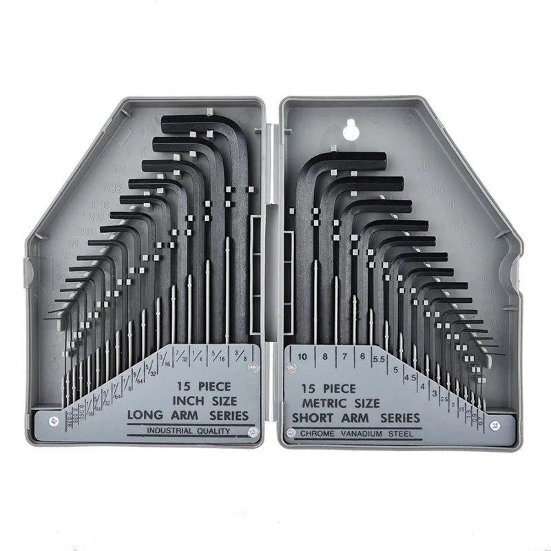 30Pcs Wrench Set Hex Key Wrench 0.028"- 3/8" Inch & 0.7mm-10mm Metric Size Chromium-vanadium Steel Spanner Long Arm Tool