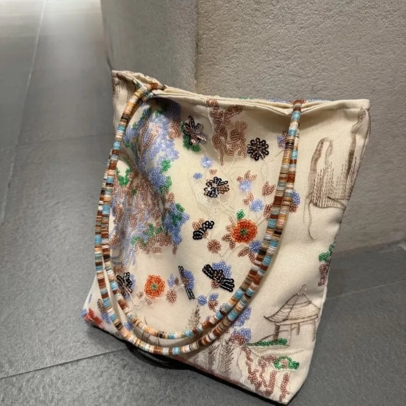 2026 New Chinese Style Embroidery Canvas Tote Bag Large Capacity Single Shoulder Commuter Handbag Shopping Bag for Women