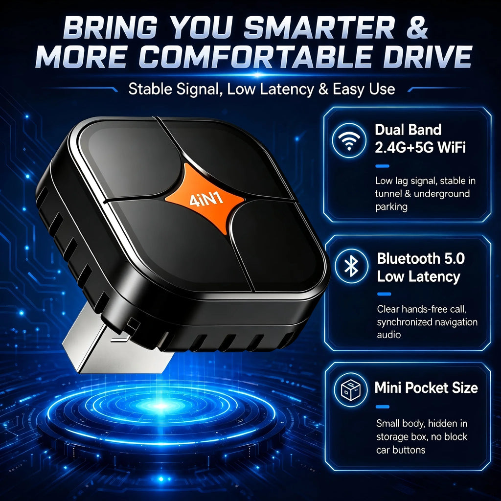 2026 New 4IN1 Wireless CarPlay Adapter Wireless Android Auto AirPlay Miracast Wireless Screen Cast Smart Car Box Plug & Play