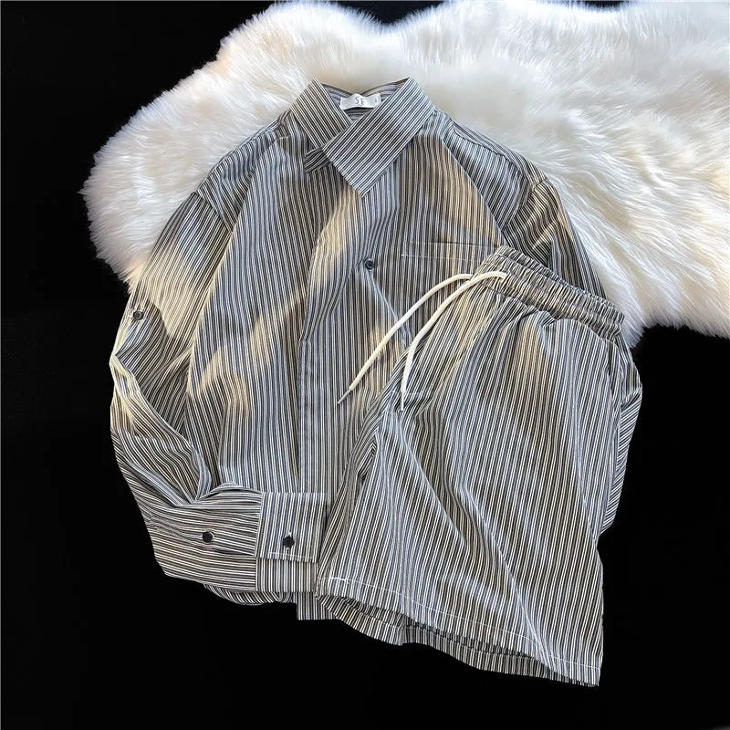 Summer Street Style Men's Striped Loose Long Sleeve Shirt And Shorts Set High Waist Design Trendy Cotton Polyester Blend Casu...
