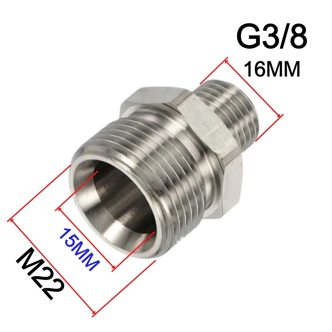 Stainless Steel Pressure Washer Coupling Adapter M22-14/15mm Male to G3/8 and G1/4 Male Thread Fitting 4500 PSI